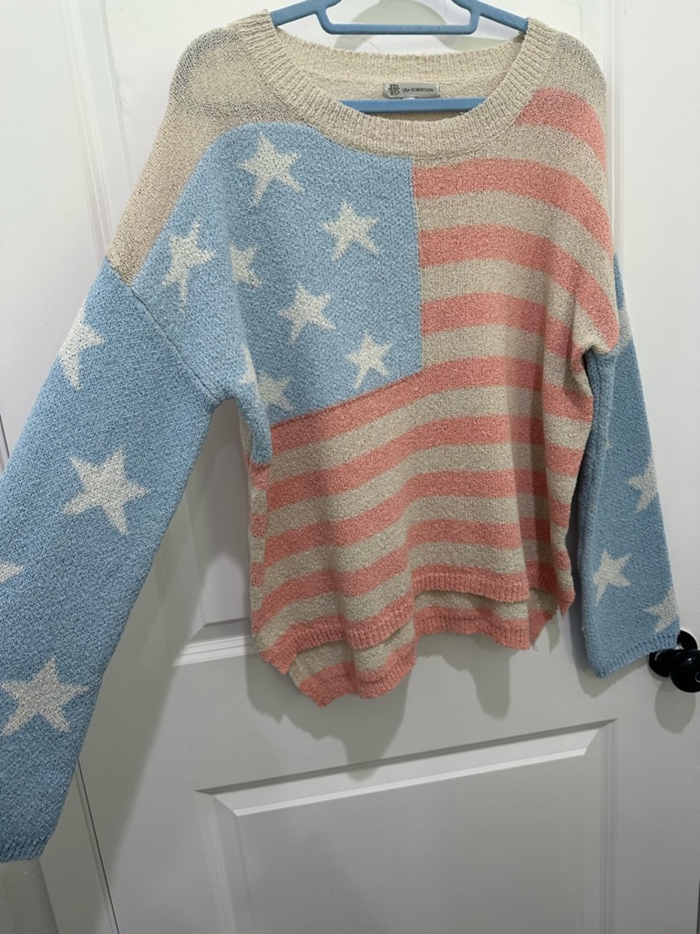 Lisa Robertson American flag Women's Cream & Pastel Blue Star Stripe Sweater SZm